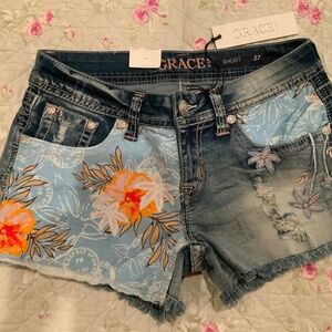 Grace In LA SHORTS Denim Jean 27 BRAND New Distressed Patches Surf Cut Offs Boho